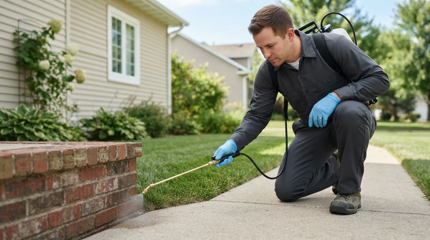 Pest control technician treating a home near South Milwaukee, WI
